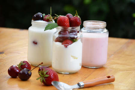 Healthy breakfast home made pudding or yogurt or granola, strawberries, cherry, honeysuckle berry, nuts and yogurt. Vegetarian keto food. Top view pudding or cocktail on background of green foliage.の写真素材