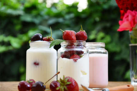 Healthy breakfast home made pudding or yogurt or granola, strawberries, cherry, honeysuckle berry, nuts and yogurt. Vegetarian keto food. Top view pudding or cocktail on background of green foliage.の写真素材