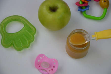 Fresh, organic pureed fruits for baby. Shot for a story on homemade, organic, healthy baby foods.の写真素材