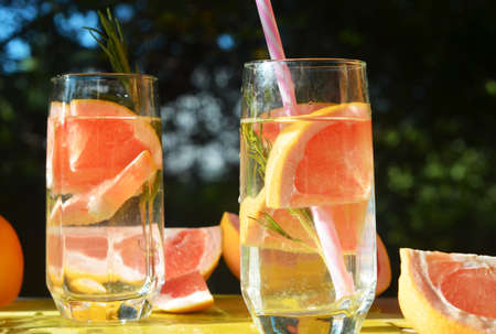 Girl cooking healthy detox smoothie with fresh fruits and green rosemary grapefruit water. Lifestyle detox concept.の写真素材