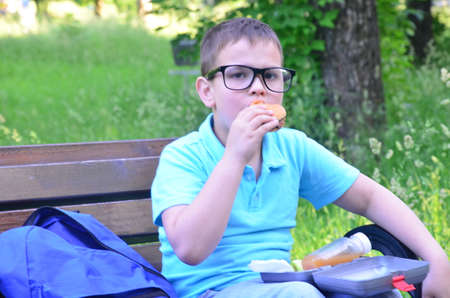 scholl boy Adorable little boy sitting on the bench with lunchbox in park. Healthy food and snacks for kids. Child eating his breakfast or lunch outdoorsの写真素材