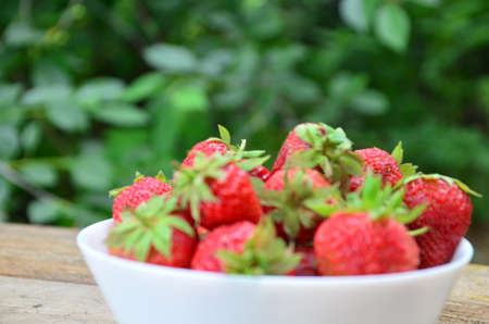 resh strawberries in bowl natural backgroundの写真素材