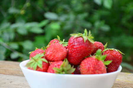 resh strawberries in bowl natural backgroundの写真素材