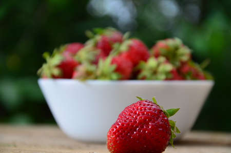 resh strawberries in bowl natural backgroundの写真素材