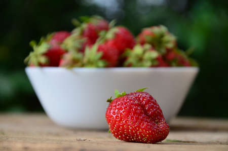 resh strawberries in bowl natural backgroundの写真素材