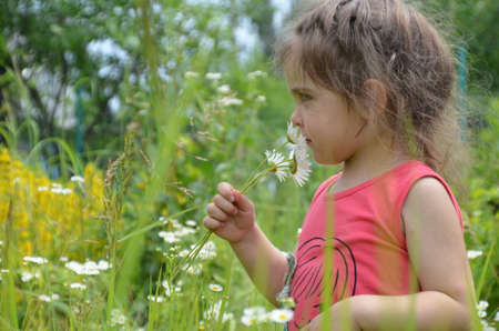 outdoor portrait Cute smiling baby girl in camomile field .Adorable girl with blue eyes and flowers daisies on meadow at summer day.Little child having fun and exploring nature. Copy spaceの写真素材