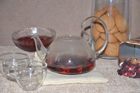 Glass teapots with color teaの写真素材