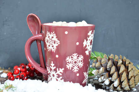Homemade Tasty Hot Chocolate in Glass with Marshmallow Festive Christmas Backgroundの写真素材