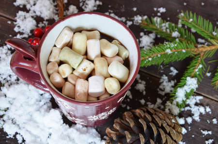 Homemade Tasty Hot Chocolate in Glass with Marshmallow Festive Christmas Background Candy Cane Horizontalの写真素材