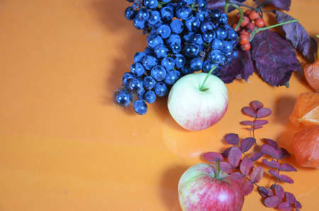 Autumn leaves over wooden background with copy spaceの写真素材