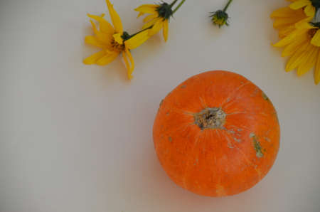 Creative Top view flat lay autumn composition. pumpkins yellow flowers background copy space. Template fall harvest thanksgiving halloween anniversary Thanksgiving Day invitation cardsの写真素材