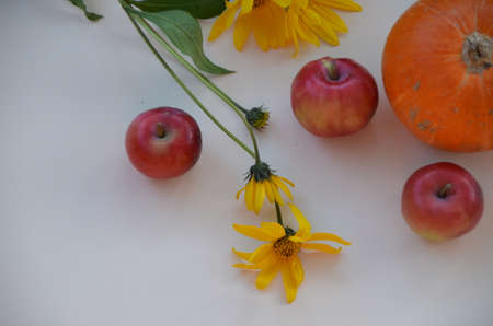 Creative Top view flat lay autumn composition. pumpkins yellow flowers with fruit, red apples background copy space. Template fall harvest thanksgiving halloween anniversary Thanksgiving Day invitation cards.の写真素材