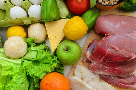 Healthy eating food low carb keto ketogenic diet meal plan protein fat. Fresh meat, fish, mushrooms, nuts. Calorie notepad. diet, detox, keto diet. healthy food. proper nutrition, healthy lifestyleの写真素材