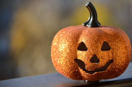 halloween jack lantern pumpkin on autumn leaves against the dark night sky at sunsetの写真素材