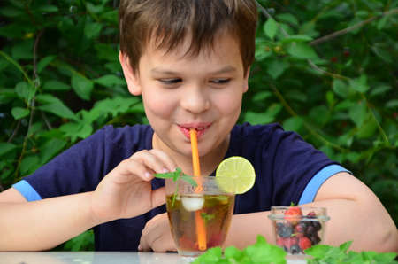 Child boy drinks natural lemonade summer drink, tea with wild berries, lime, raspberries and blueberries, summer vacation in park. refreshing natural drink lemonade Detox fruit infused water cocktailの写真素材