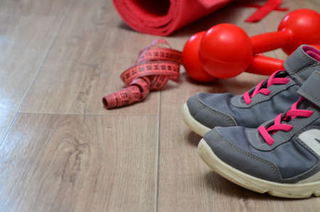 still life of group sports equipment for womens and cardiogram of jump rope. Fitness and healthy...