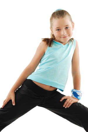 Little girl in role of gymnastics instructorの写真素材