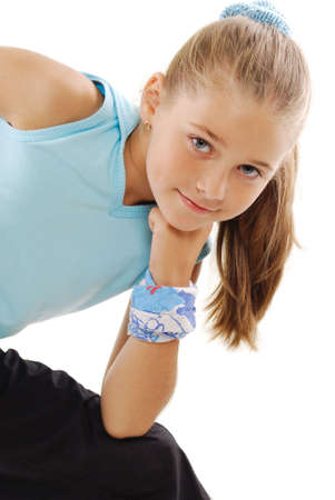 Little girl in role of gymnastics instructorの写真素材