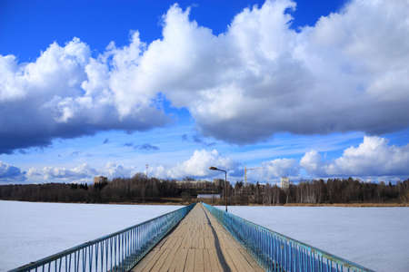 Bridge through the bay of lake of Senezh in town Solnechnogorskの写真素材