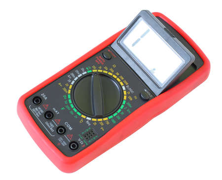 red digital multimeter on white background isolated
