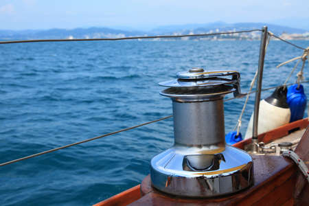 yacht winch on a blurred background of seasideの写真素材