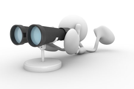 Red 3d person looking through binoculars lyingの写真素材