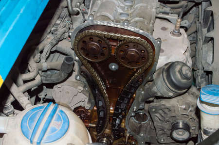 View of the timing chain drive of the internal combustion engine with the front cover removed...