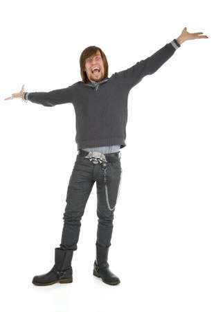Cheerful man with funny expression and arms wide open on white backgroundの写真素材