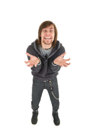 Full length shot of man with silly face expression taken by fisheye lensの写真素材