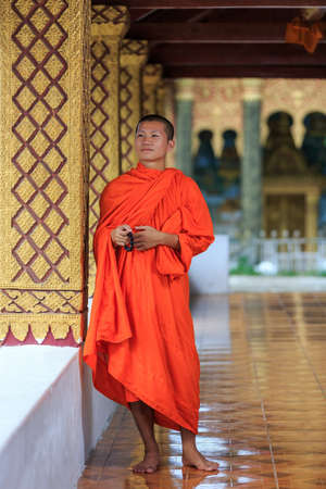 Portrait of a young Buddhist monk, Laosの写真素材
