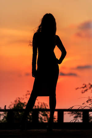 Silhouette of beautiful slim girl posing at sunseteの写真素材