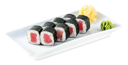 Rolls with tuna plate - Maguro Maki isolated on white backgroundの写真素材