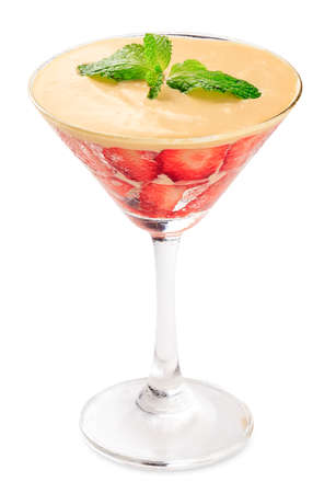 Glass of mousse with strawberry isolated on white background. Studio Shotの写真素材