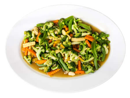 Plate of stir fried vegetables -  isolated on white background. Studio Shotの写真素材