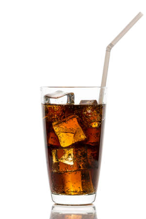 Glass of cola with ice cubes and straw isolated on white backgroundの写真素材