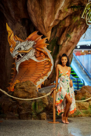 Full-length fashion portrait of young elegant smiling woman in the supermarket territoryの写真素材