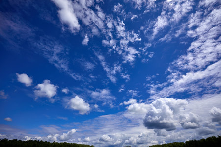 Blue sky background with white clouds at sunny dayの写真素材