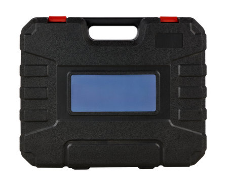 A black tool case featuring a handle and textured surface, isolated on a white background. Designed for secure storage and portabilityの写真素材