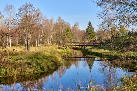 Quiet river bank under clear blue sky in autumn landscape and calm waterの写真素材