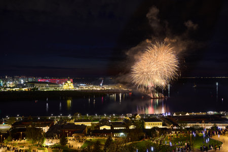 Colorful Fireworks over Strelka in Nizhny Novgorod, featuring illuminated Alexander Nevsky Cathedral. 9 Mayの写真素材
