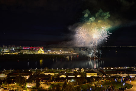 Colorful Fireworks over Strelka in Nizhny Novgorod, featuring illuminated Alexander Nevsky Cathedral. 9 Mayの写真素材