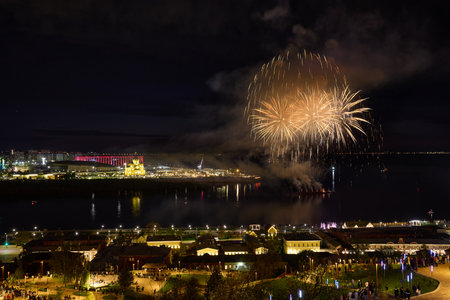 Colorful Fireworks over Strelka in Nizhny Novgorod, featuring illuminated Alexander Nevsky Cathedral. 9 Mayの写真素材