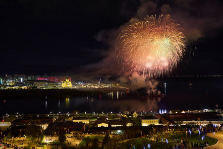Colorful Fireworks over Strelka in Nizhny Novgorod, featuring illuminated Alexander Nevsky Cathedral.の写真素材