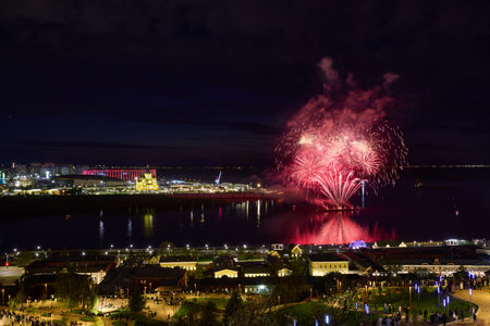 Colorful Fireworks over Strelka in Nizhny Novgorod, featuring illuminated Alexander Nevsky Cathedral. 9 Mayの写真素材