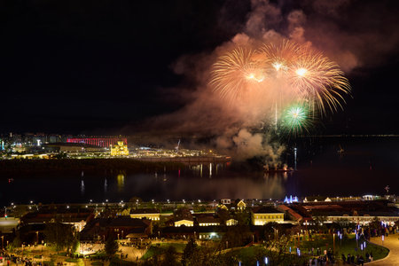 Colorful Fireworks  over Strelka in Nizhny Novgorod, featuring  illuminated Alexander Nevsky Cathedral. 9 Mayの写真素材