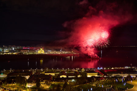 Colorful Fireworks  over Strelka in Nizhny Novgorod, featuring  illuminated Alexander Nevsky Cathedral. 9 Mayの写真素材