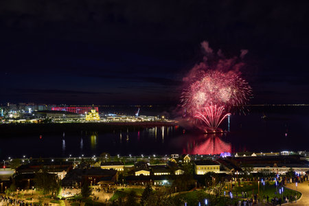 Colorful Fireworks  over Strelka in Nizhny Novgorod, featuring  illuminated Alexander Nevsky Cathedral. 9 Mayの写真素材
