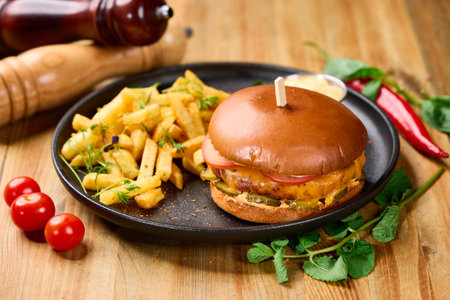 Gourmet burger with a juicy marbled beef patty, crispy brioche bun, cheddar cheese, pickles, and tomato, served with fries. A savory showpiece for restaurant menus and stock photographyの写真素材