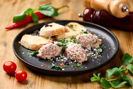 Plated gourmet tartare drizzled with truffle aioli, garnished with microgreens, served with toasted artisan bread. Ideal for upscale restaurant menus and culinary portfoliosの写真素材