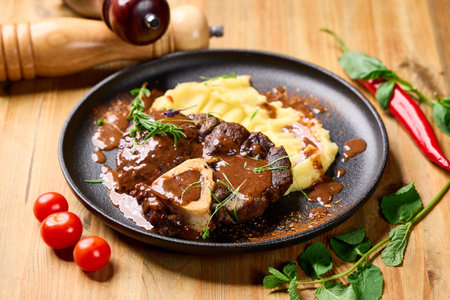 Hearty Osso Buco with tender veal shank, creamy mashed potatoes, and aromatic herbsâperfectly plated for a gourmet restaurant settingの写真素材